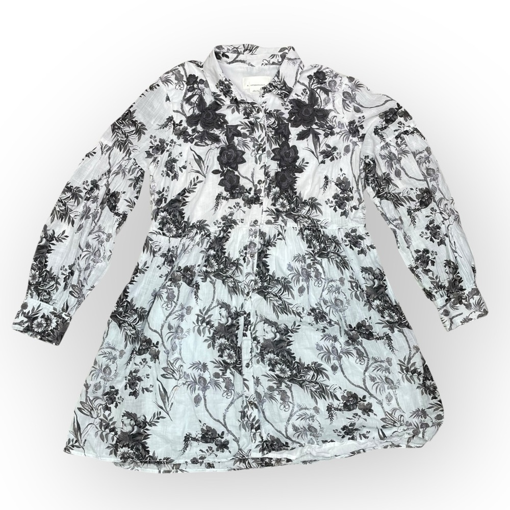 Anthropologie Lavinia Floral Embroidered Shirt Dress Gray Ombre Button Up Sz 10